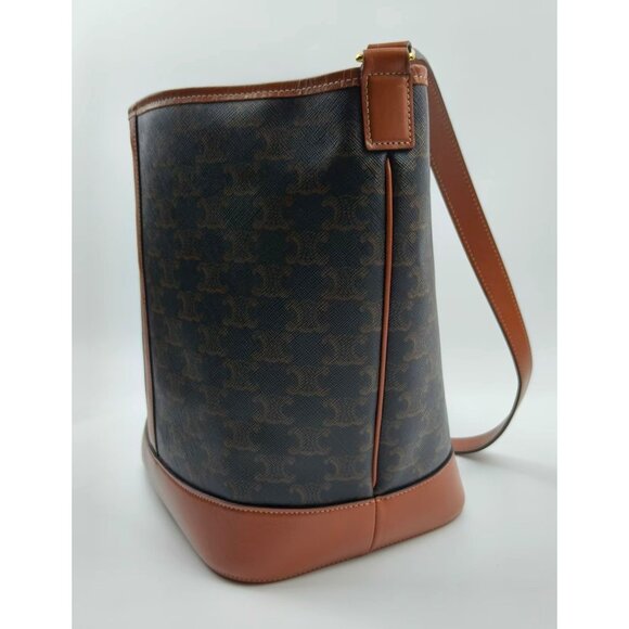 Pre-owned Celine Triomphe Canvas Calfskin Medium Bucket Bag Tan - Picture 4 of 14